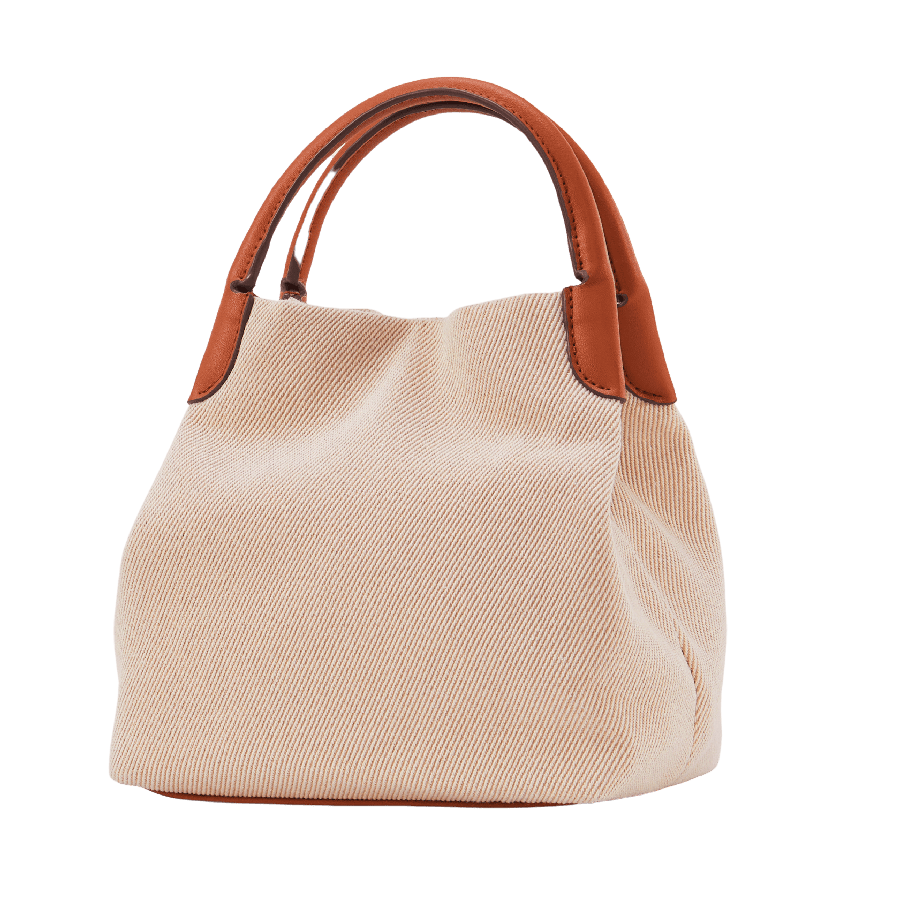 Beige cosmetic handbag with brown trim PU