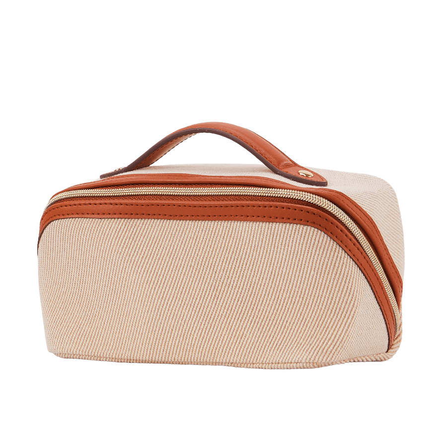 Beige twill material cosmetic bag with brown trim PU