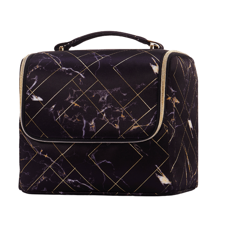 Black printed cosmetic bag with zip closure