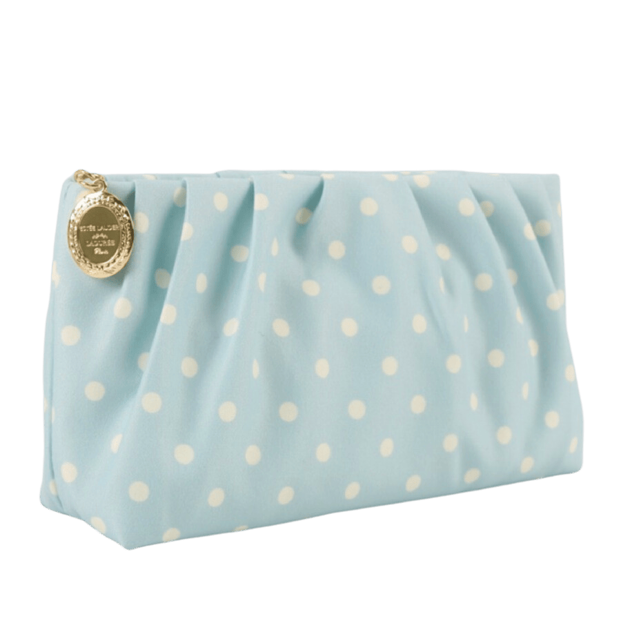 Blue prined cosmetic bag with round metal zip puller