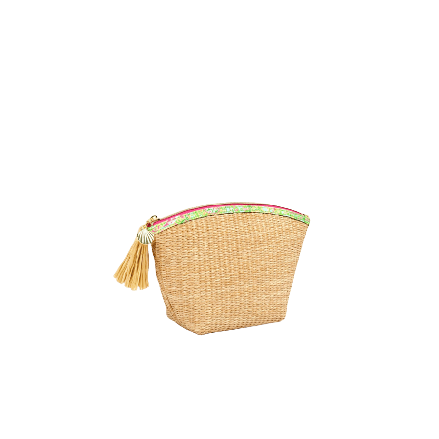 Straw cosmetic bag with print tirm material and decorative tassel zip puller