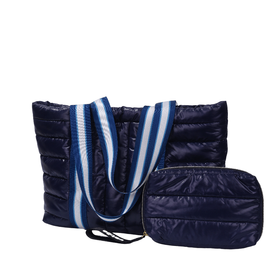 Navy quilting handbag sets with pouch with stripe webbing