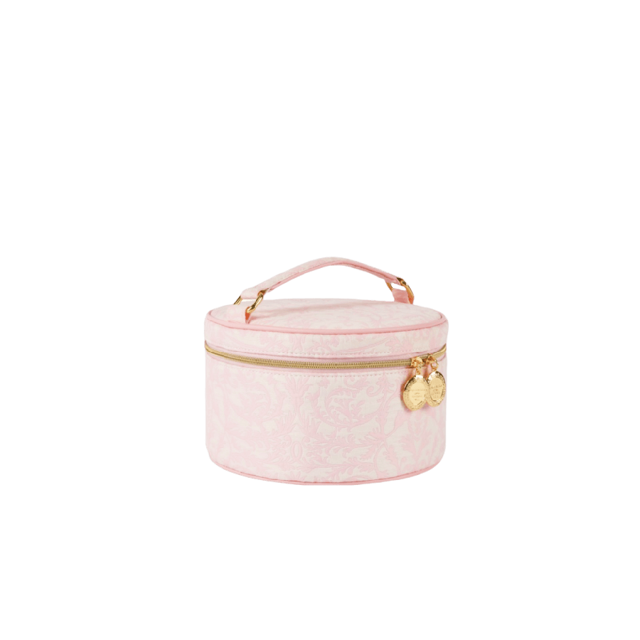 Pink printed cosmetic bag with double zip closure