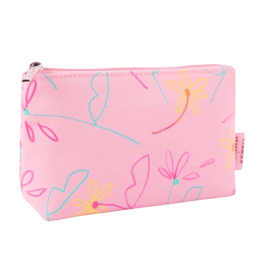 Pink ladies cosmetic bag with prints and zipper closure