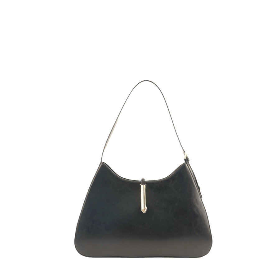 Black ladies handbag with decorative metal bar and magnetic snap closure