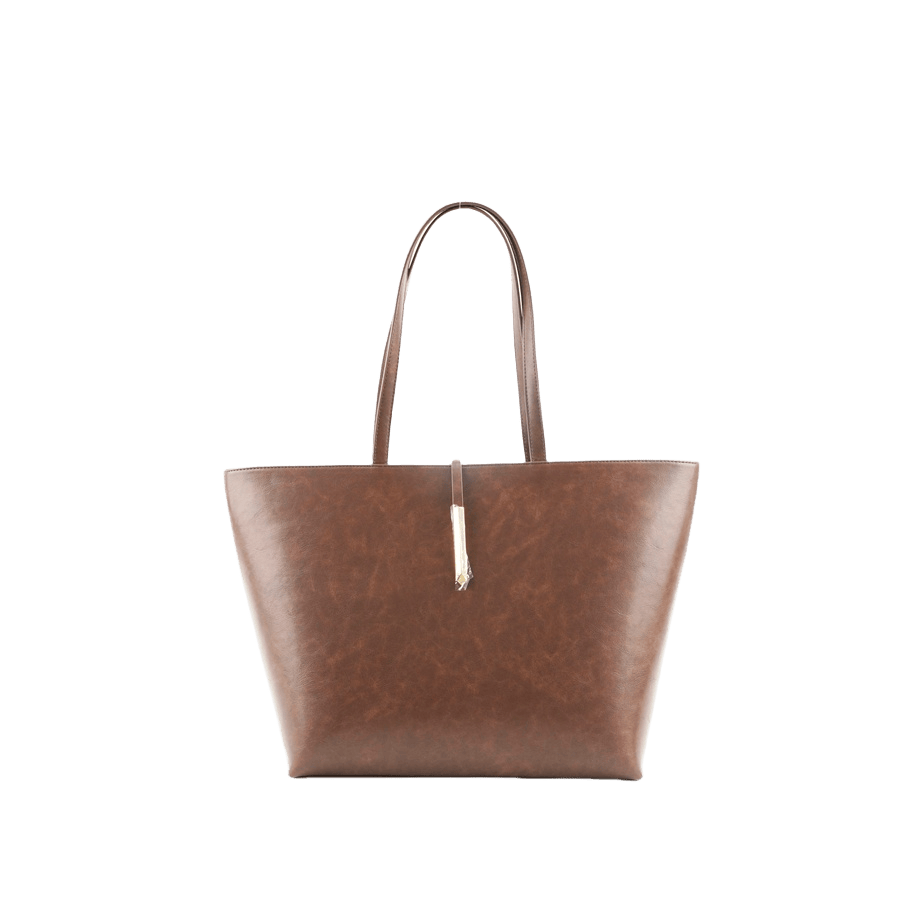 Black ladies tote bag with decorative metal bar and magnetic snap closure