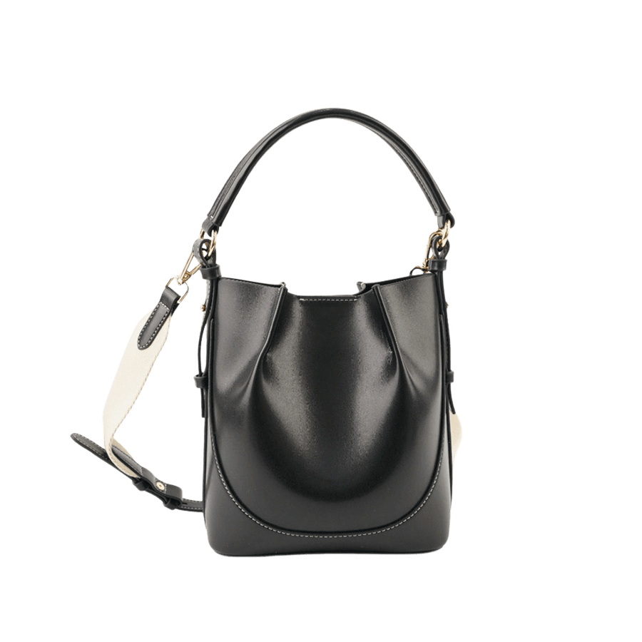 Black ladies handbag with contrast stitching and pleats on the body
