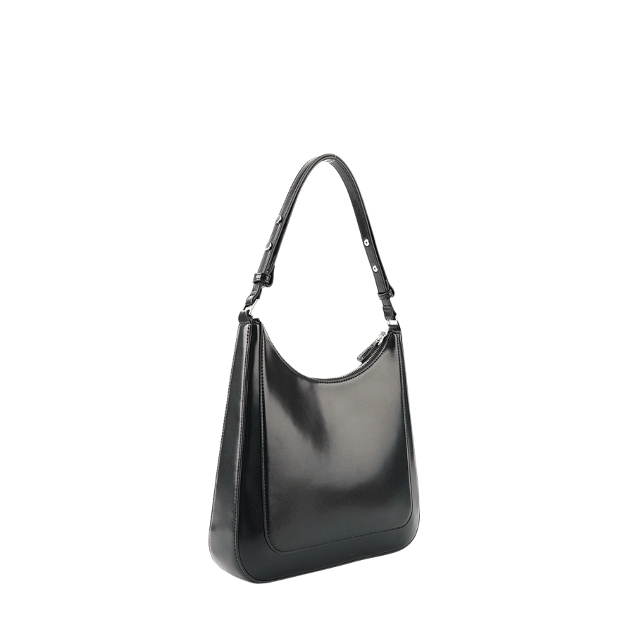Black ladies handbag with pin studs on the handle and top zip closure