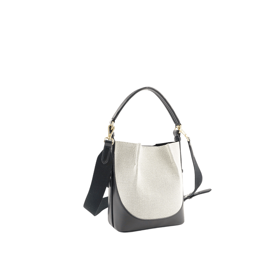 Black ladies handbag with contrast stitching and pleats on the body