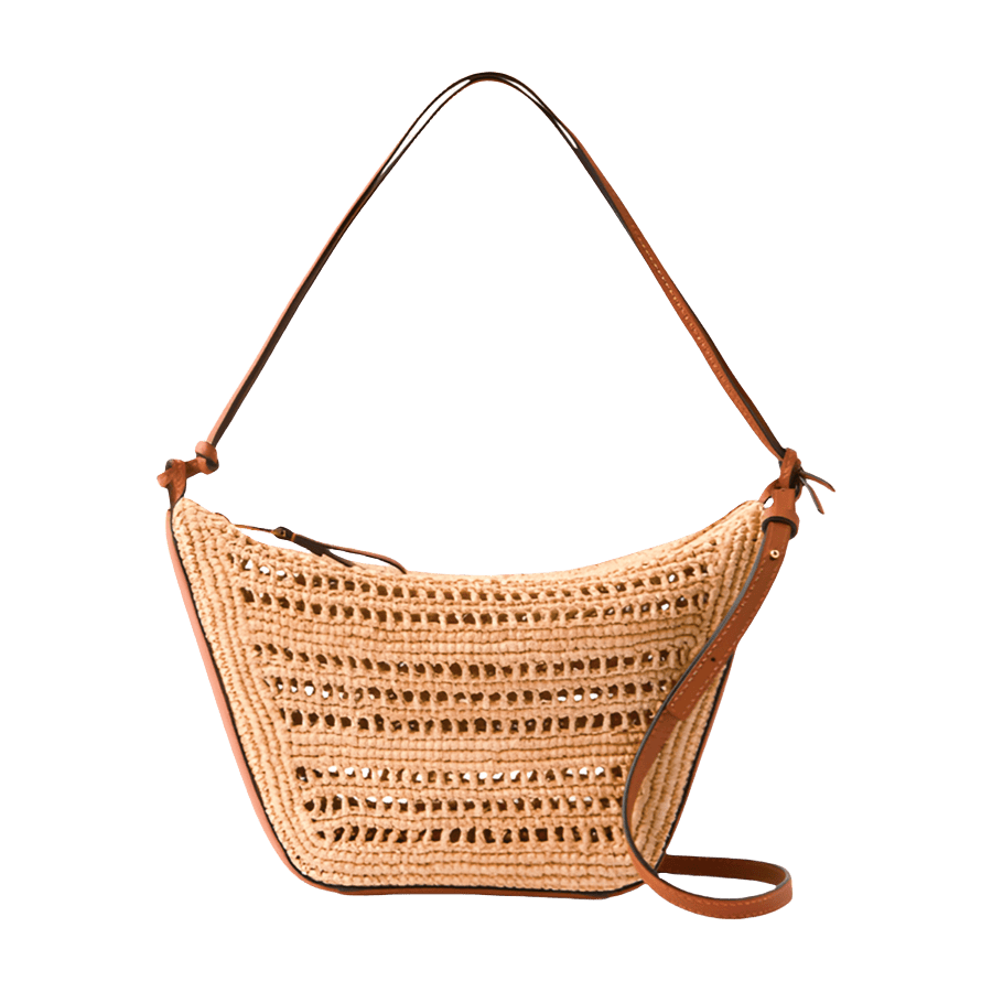 Beige crochet ladies hobo bag with brown trim PU and contrast edge painting