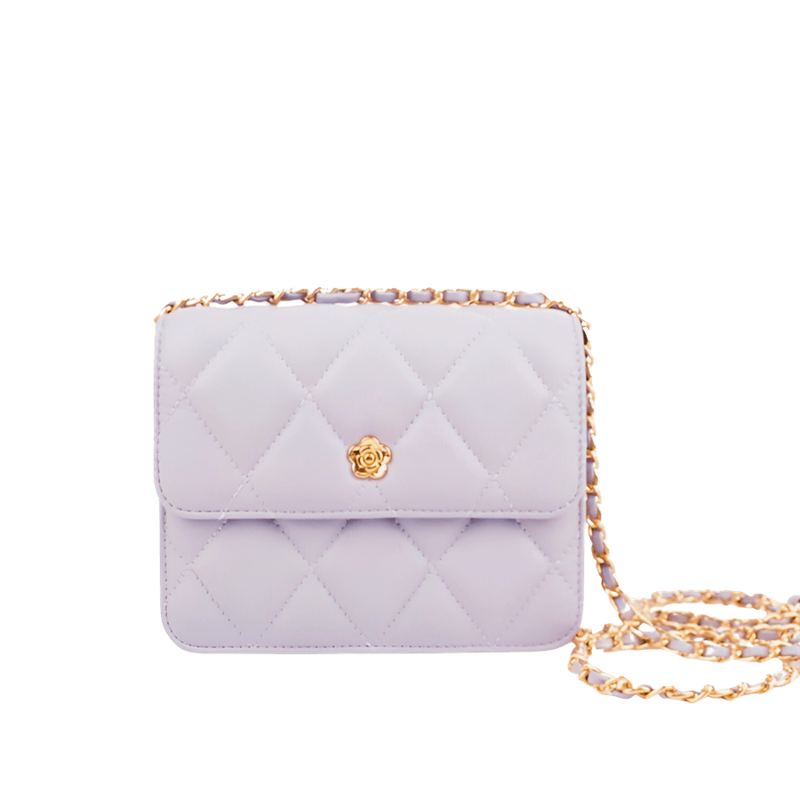 Purple quilting ladies crossbody bag with decorative metal flower and magnetic snap closure