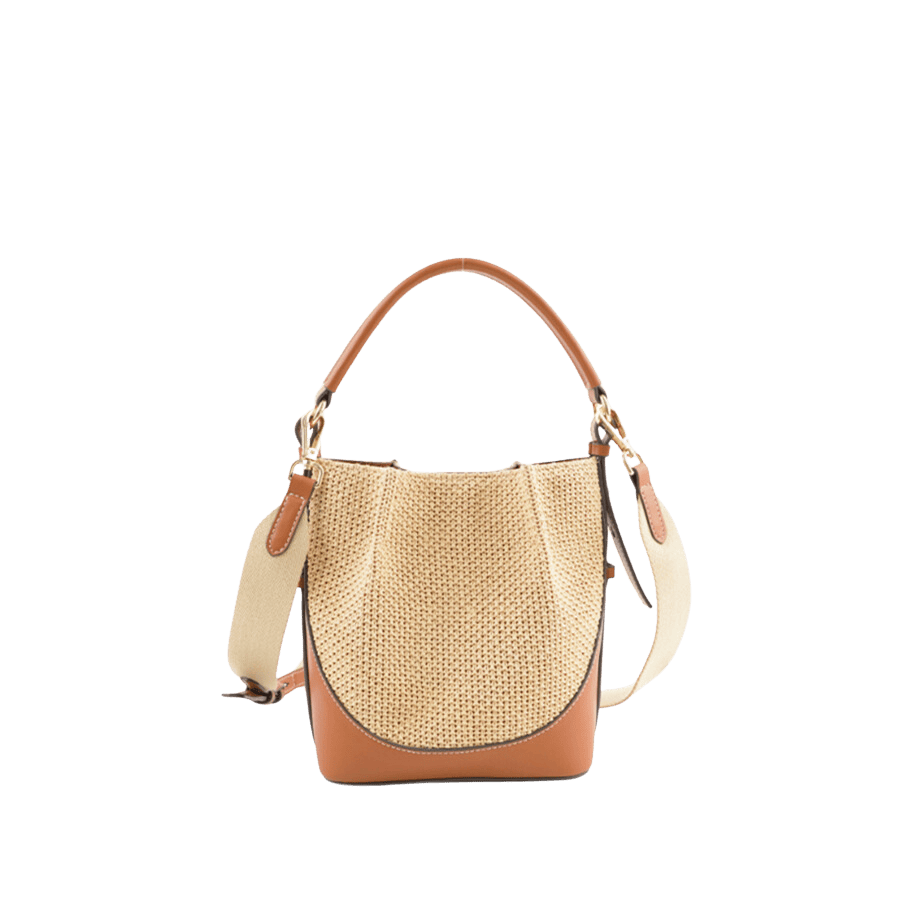 Beige straw ladies handbag with brown trim PU and contrast edge painting