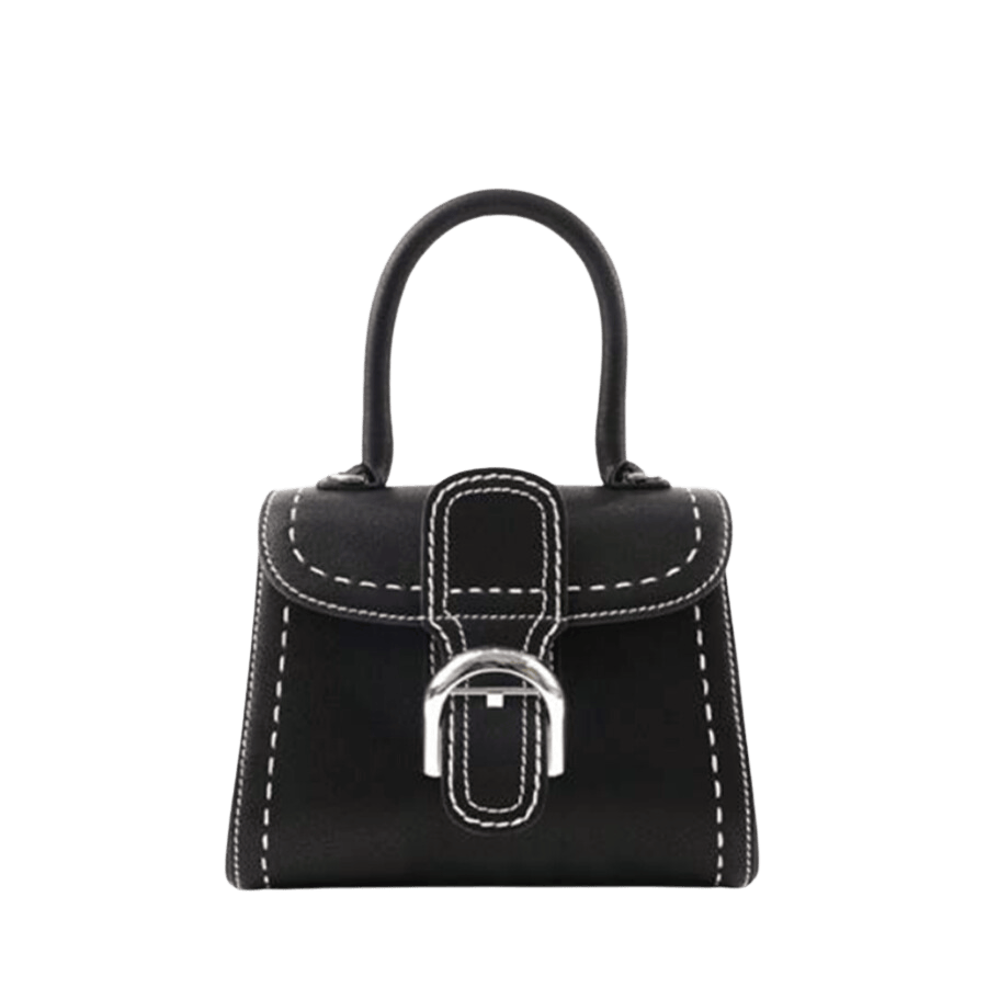 Black ladies handbag with decorative big buckle and white stitching