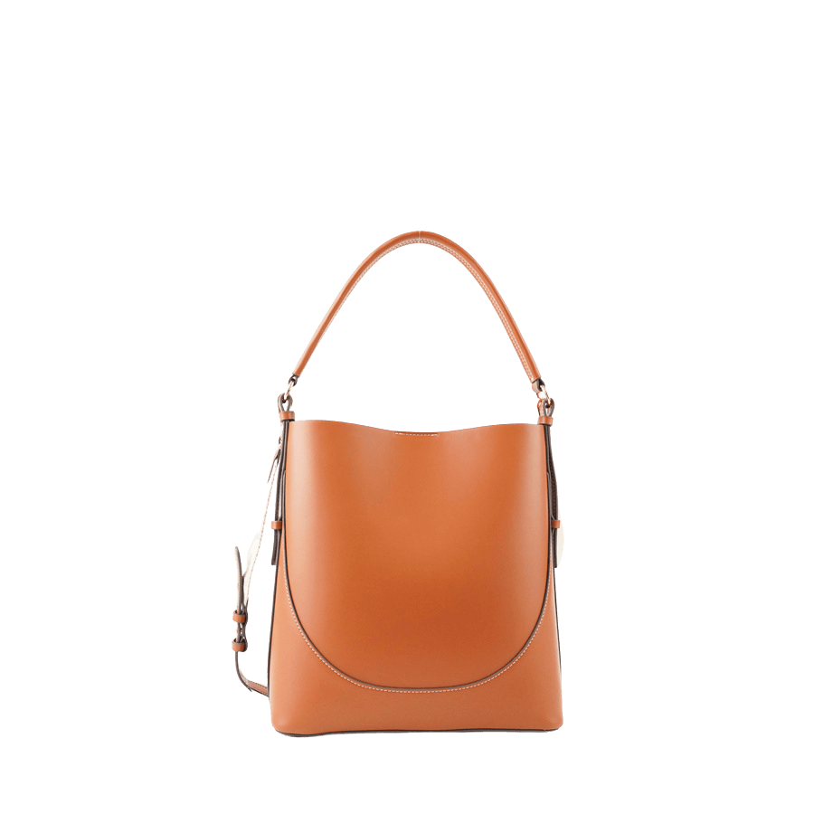 Brown ladies bucket bag with contrast edge painting and magnetic snap closure