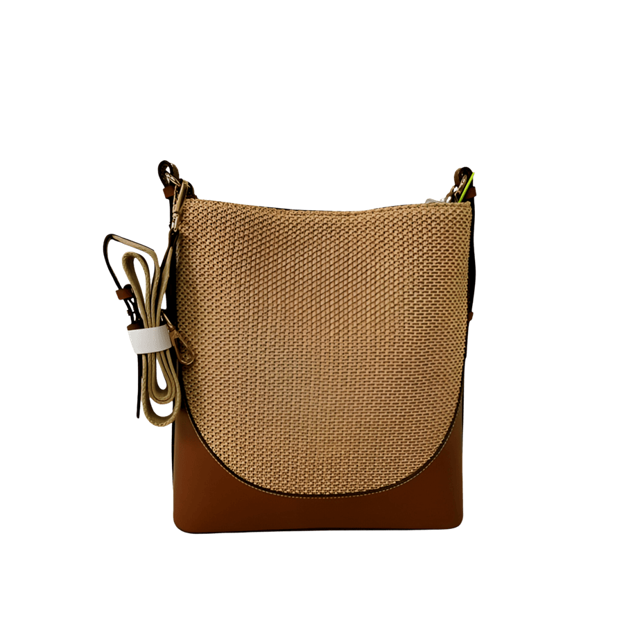 Beige straw ladies crossbody bag with brown trim PU and contrast edge painting