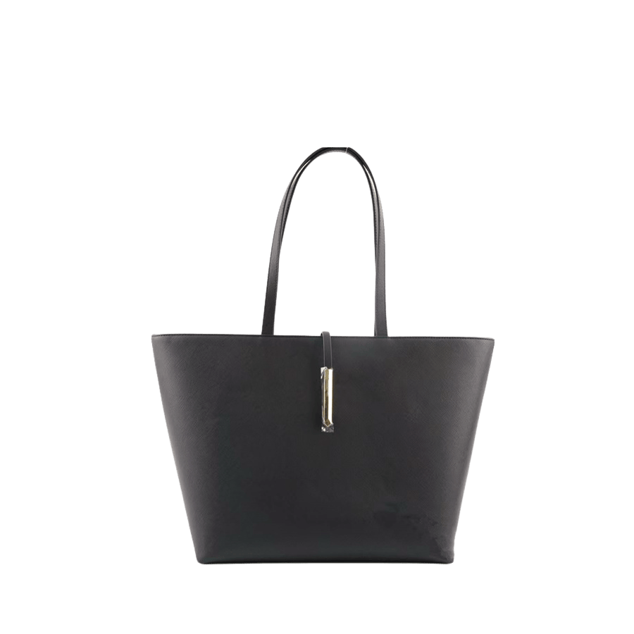 Black ladies tote bag with decorative metal bar and magnetic snap closure