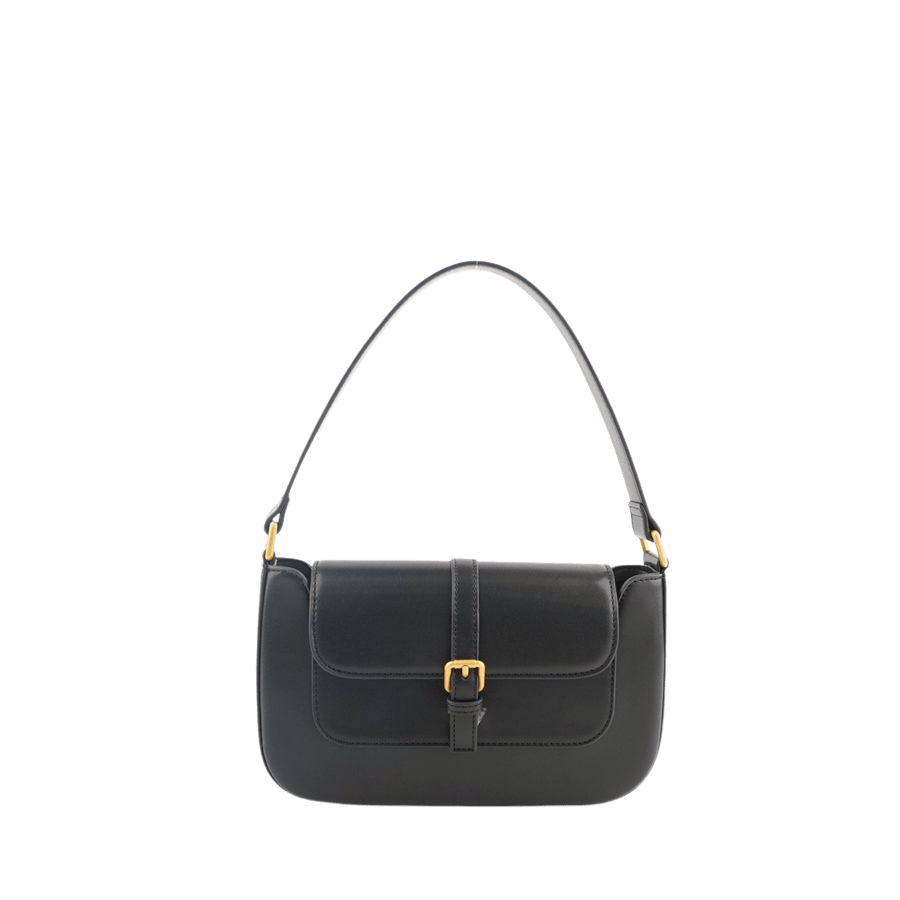 Black ladies handbag with decorative buckle and magnetic snap closure