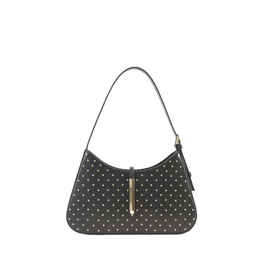 Black ladies handbag with decorative studs and metal bar