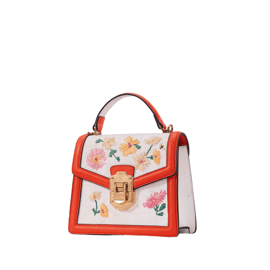 Beige embroidery ladies handbag with orange trim PU and lock closure