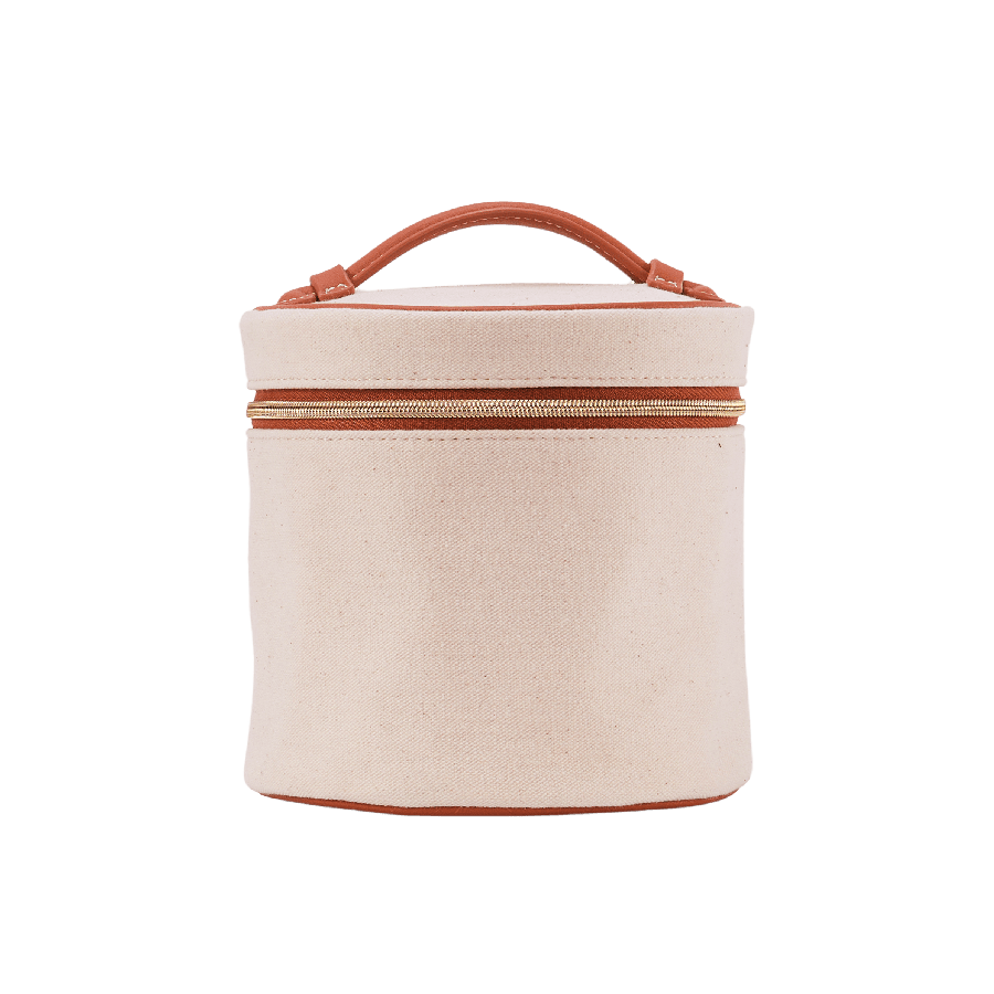 Beige round cosmetic bag with camel trim PU and zip closure