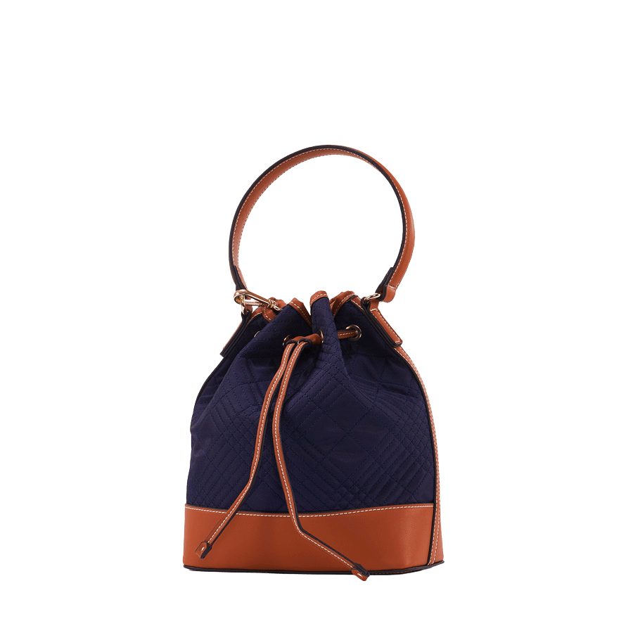 Navy quilting drawstring ladies bucket bag with brown trim PU and contrast stitching