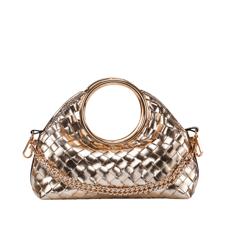 Gold weave ladies handbag with metal handle and detachable chain handle