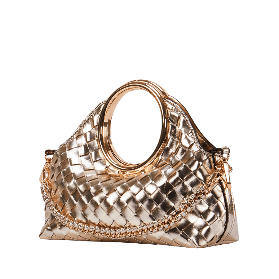Gold weave ladies handbag with metal handle and detachable chain handle