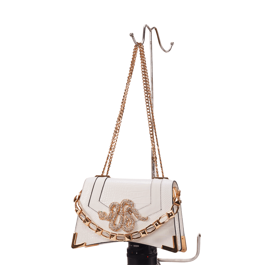 White ladies croco PU crossbody bag with decorative hardware and detachable chain handle