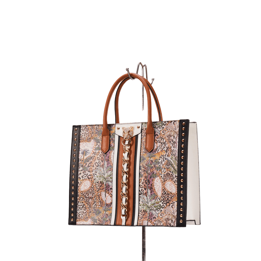 Beige ladies tote bag with printing and decorative chain on the front