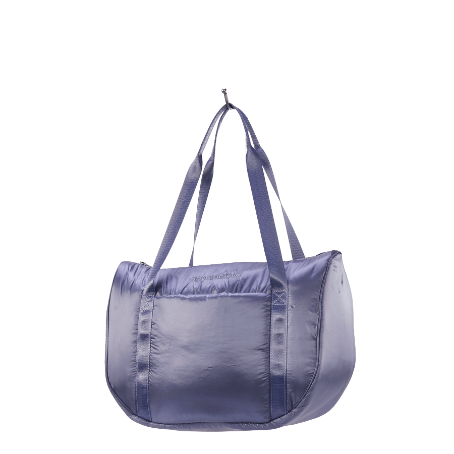Blue puffy ladies handbag with front open pocket and top zip closure
