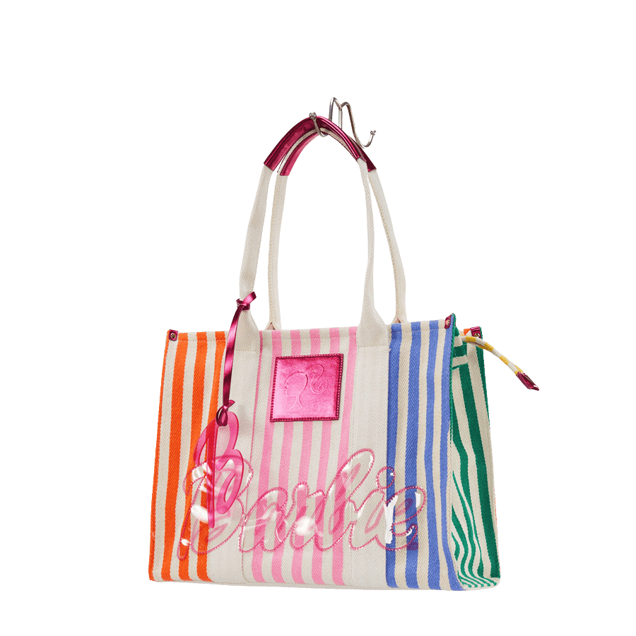 Stripe barbie ladies tote bag with detachable acrylic hangtag and pink trim PU