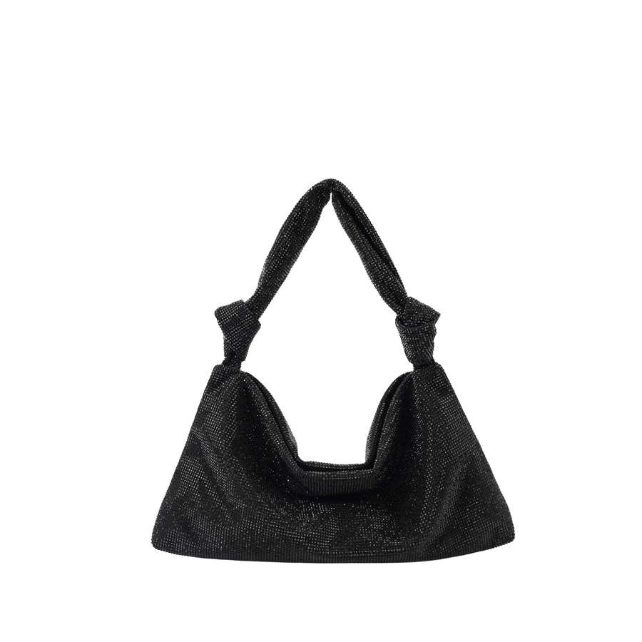 Black rhinestone ladies hobo bag with knotted handle and magnetic snap closure