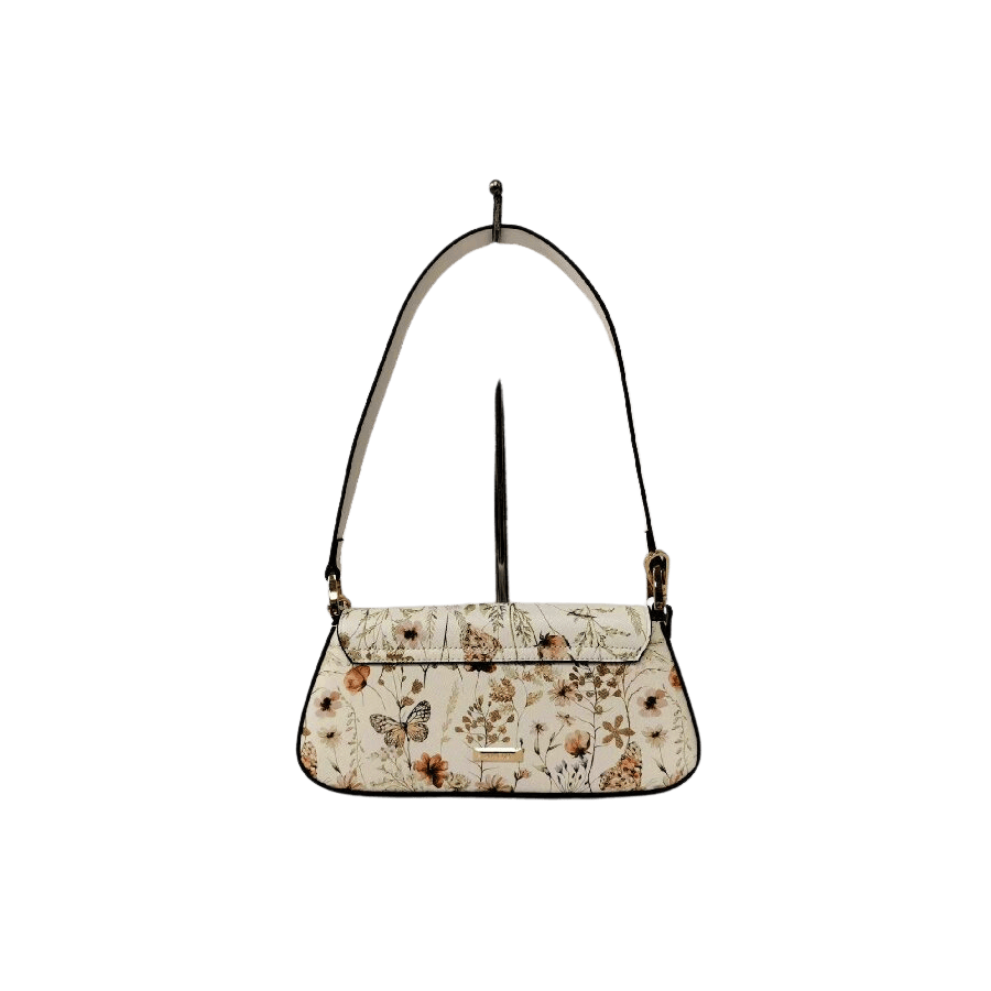 Floral print ladies handbag with decorative hardware on the flap and magnetic snap closure