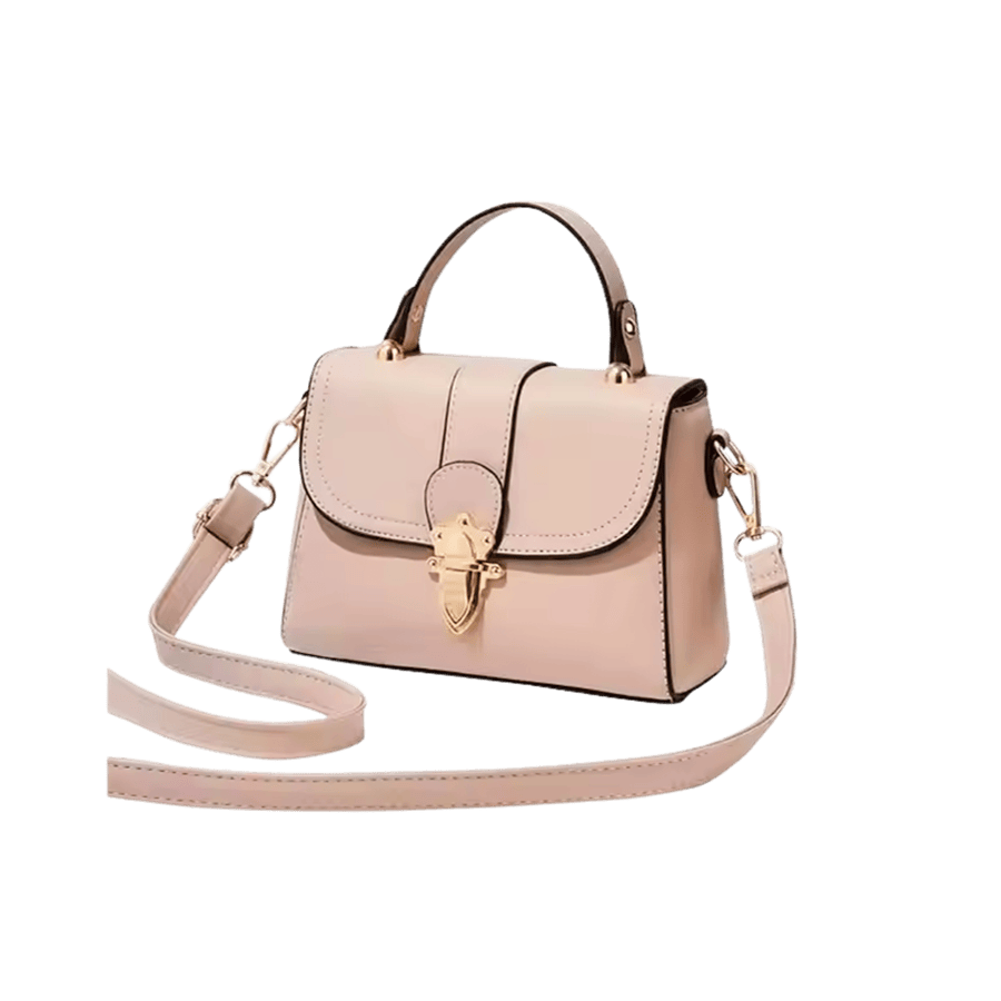 Beige ladies handbag with contrast edge painting and lock closure