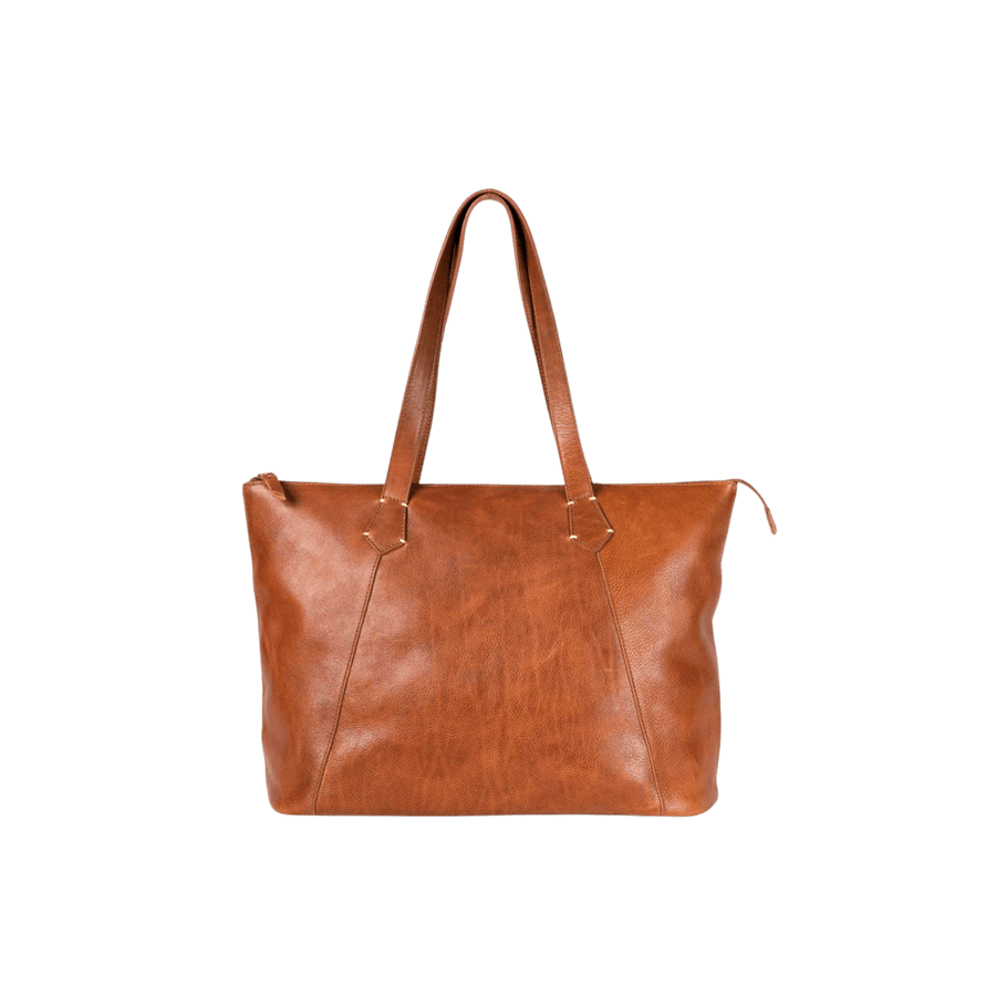 Brown ladies tote bag with tack stitch on the handle and top zip closure