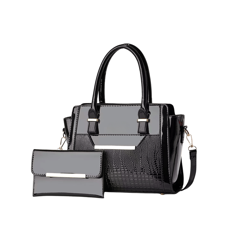 Black patent PU ladies handbag sets with metal edge and trim croco PU