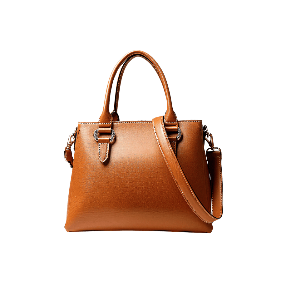 Brown ladies tote bag with oval ring on the handle and contrast edge painting