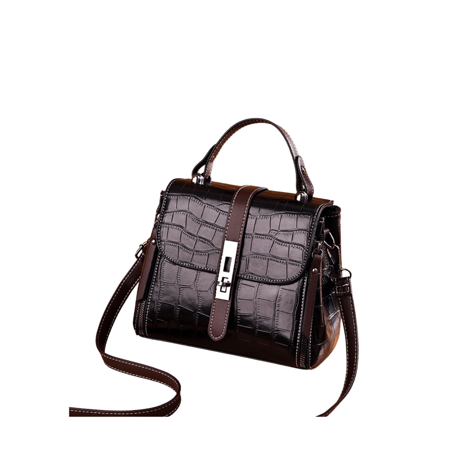Black croco PU ladies handbag with brown trim PU and lock closure