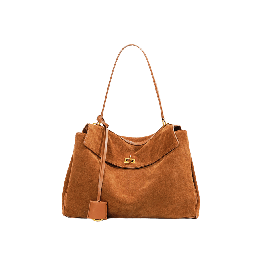 Camel faux suede ladies hobo bag with lock closure and detachable hangtag