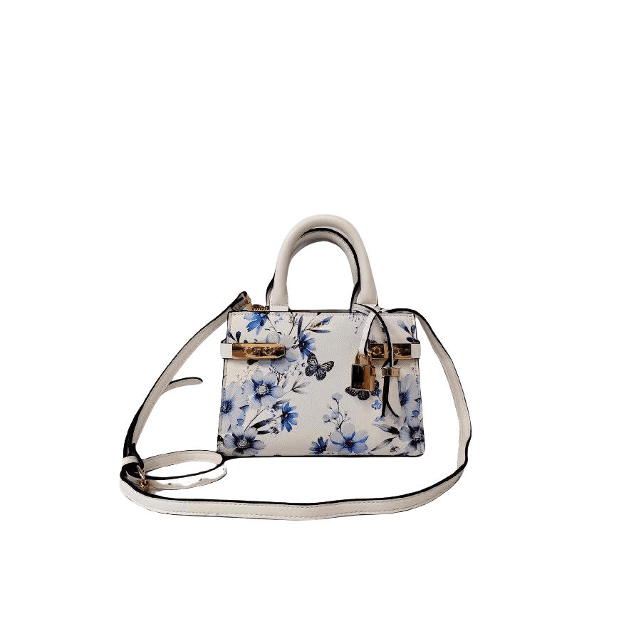 White floral printing ladies tote bag with detachable lock and lock closure
