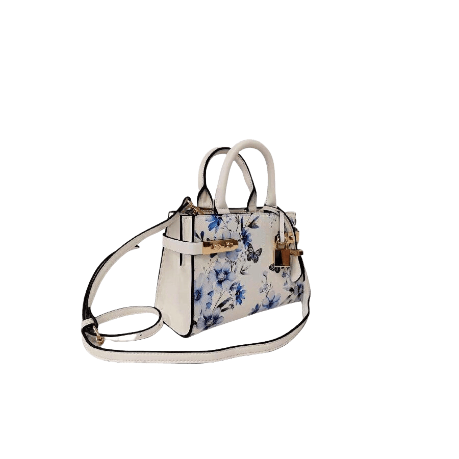 White floral printing ladies tote bag with detachable lock and lock closure