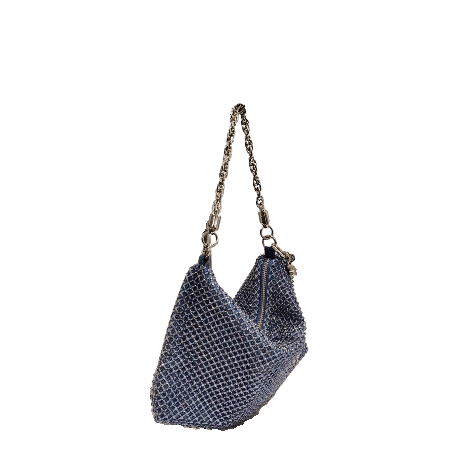 Blue rhinestone ladies hobo bag with detachable metal tassels and chain handle