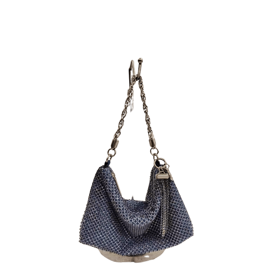 Blue rhinestone ladies hobo bag with detachable metal tassels and chain handle