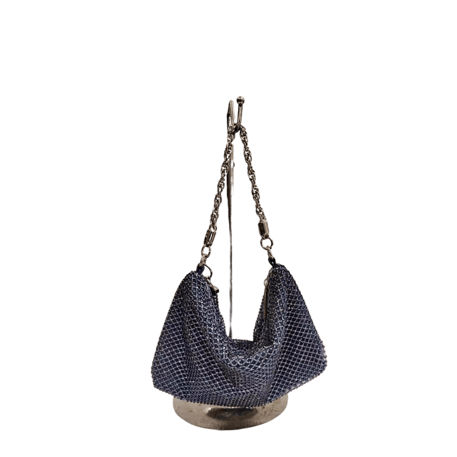 Blue rhinestone ladies hobo bag with detachable metal tassels and chain handle