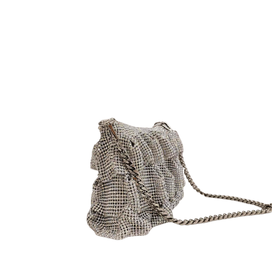 Silver rhinestone ladies crossbody bag with pleats on the body and top zip closure
