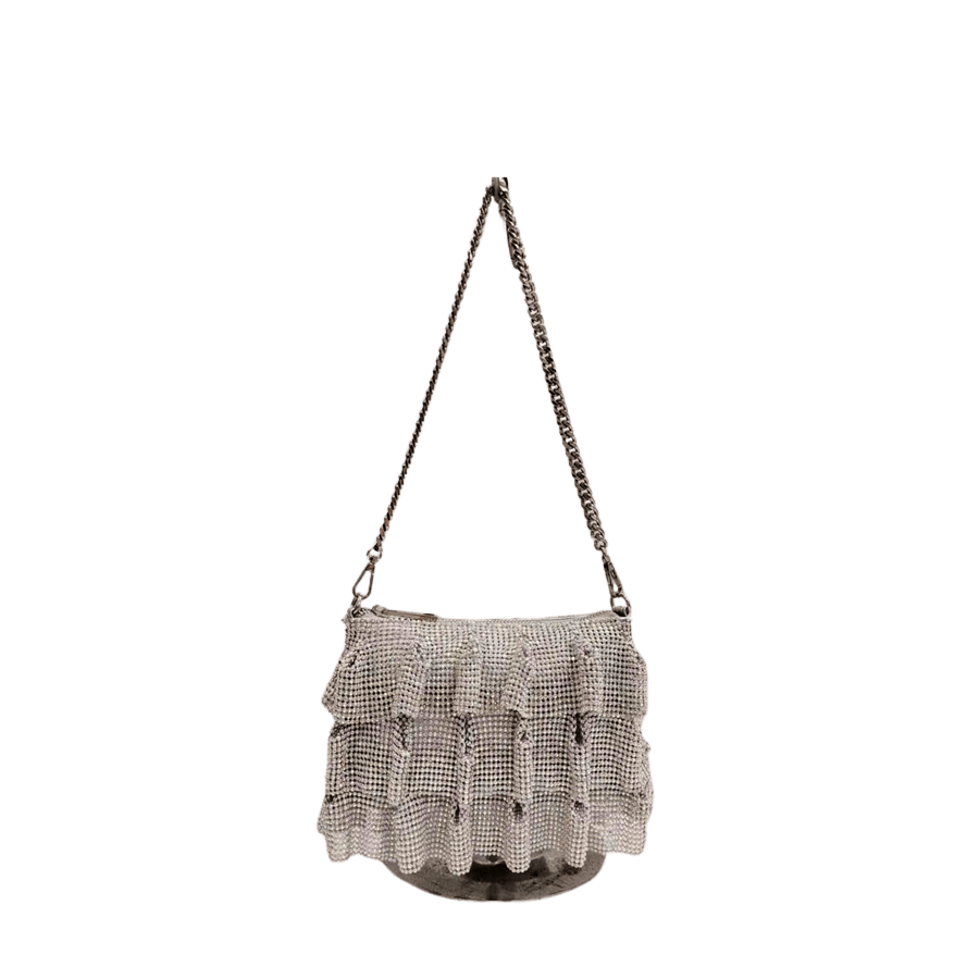 Silver rhinestone ladies crossbody bag with pleats on the body and top zip closure