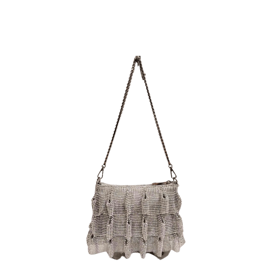 Silver rhinestone ladies crossbody bag with pleats on the body and top zip closure