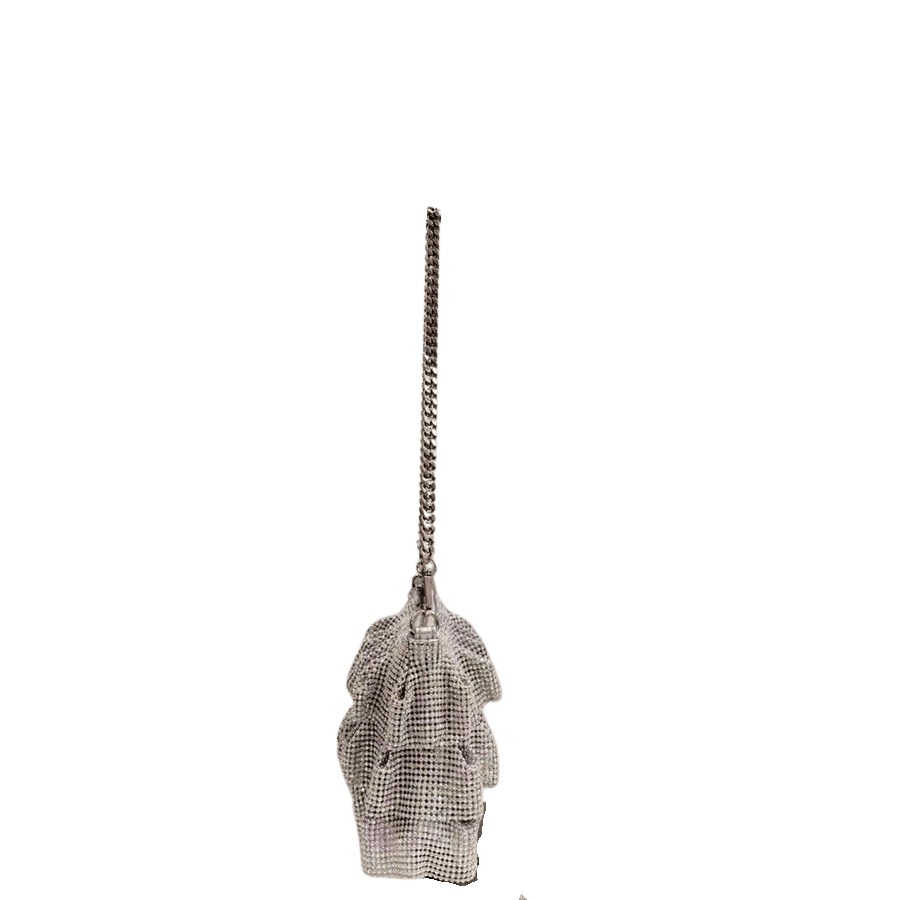 Silver rhinestone ladies crossbody bag with pleats on the body and top zip closure