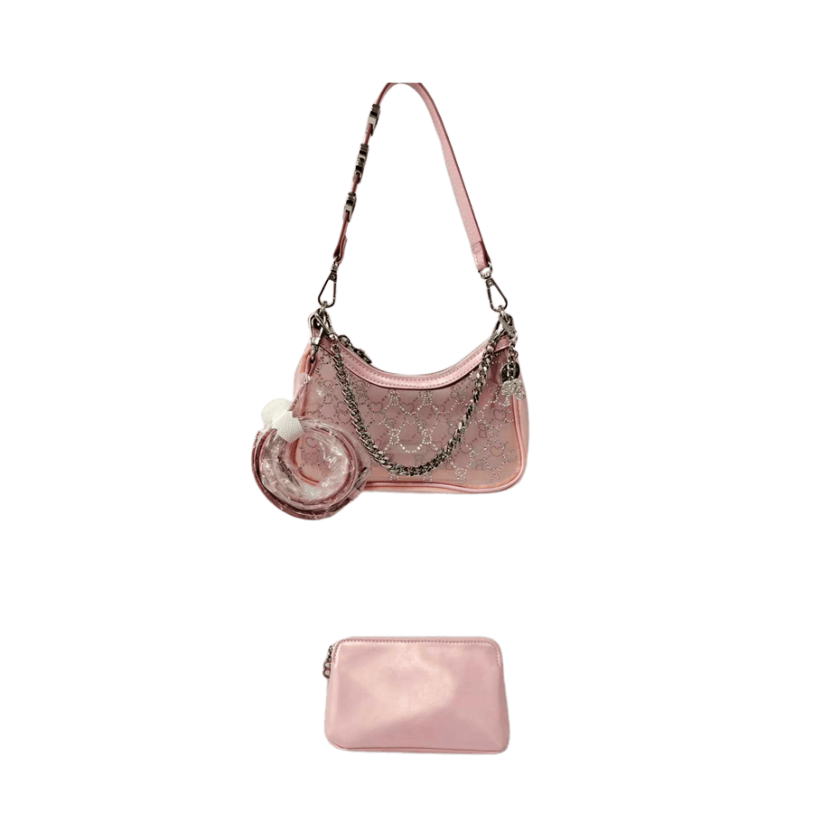Pink ladies handbag with gold prints and detachable pouch bag