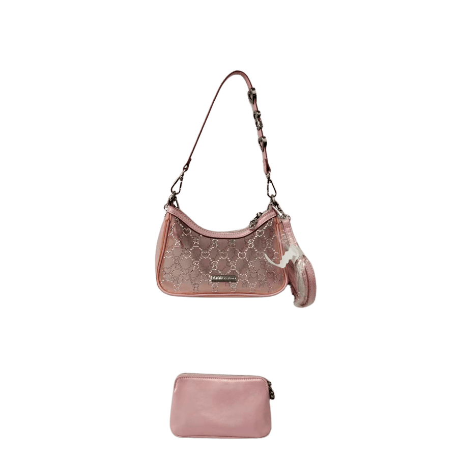 Pink ladies handbag with gold prints and detachable pouch bag